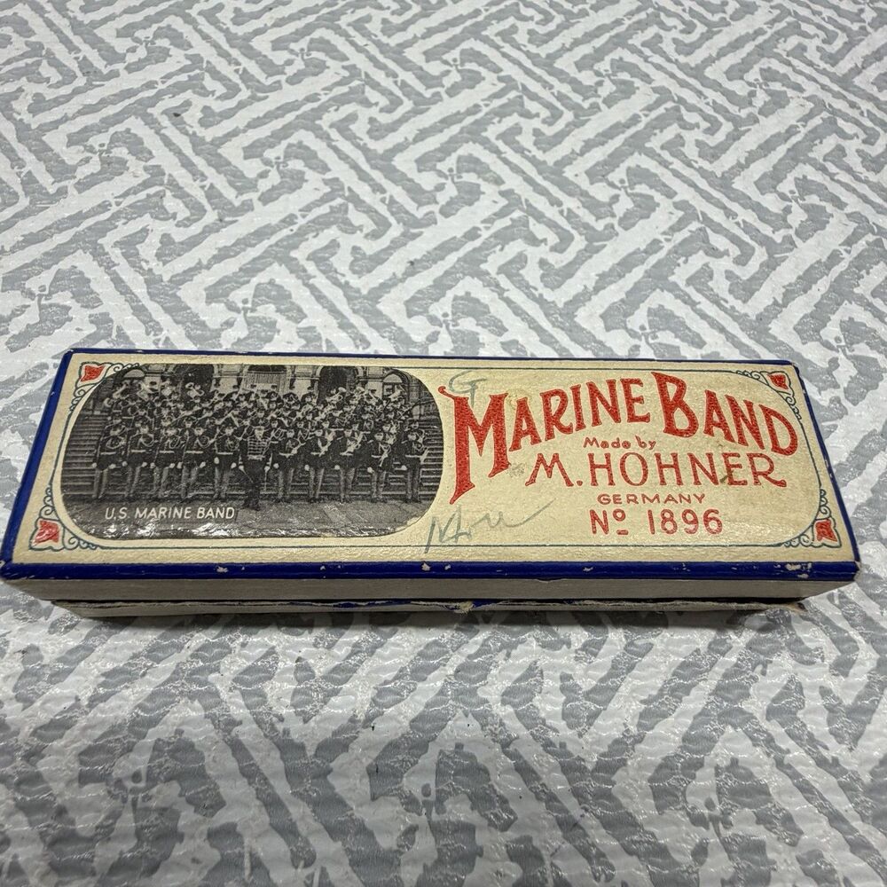 Vintage Pre-War Hohner Marine Band Harmonica 1896 Key of G 6-Point Star W/ Box